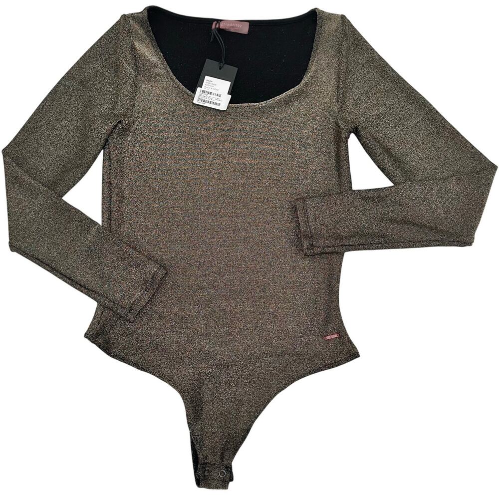 N:Philanthropy Bodysuit WMNS S Gold Glitter Shimmer Long Sleeve Snap Fitted